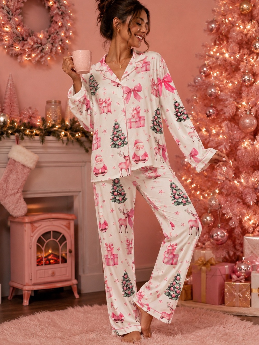 💗5 for $25💗 Women's Pink Holiday Christmas Print Button-Up Pajama Set